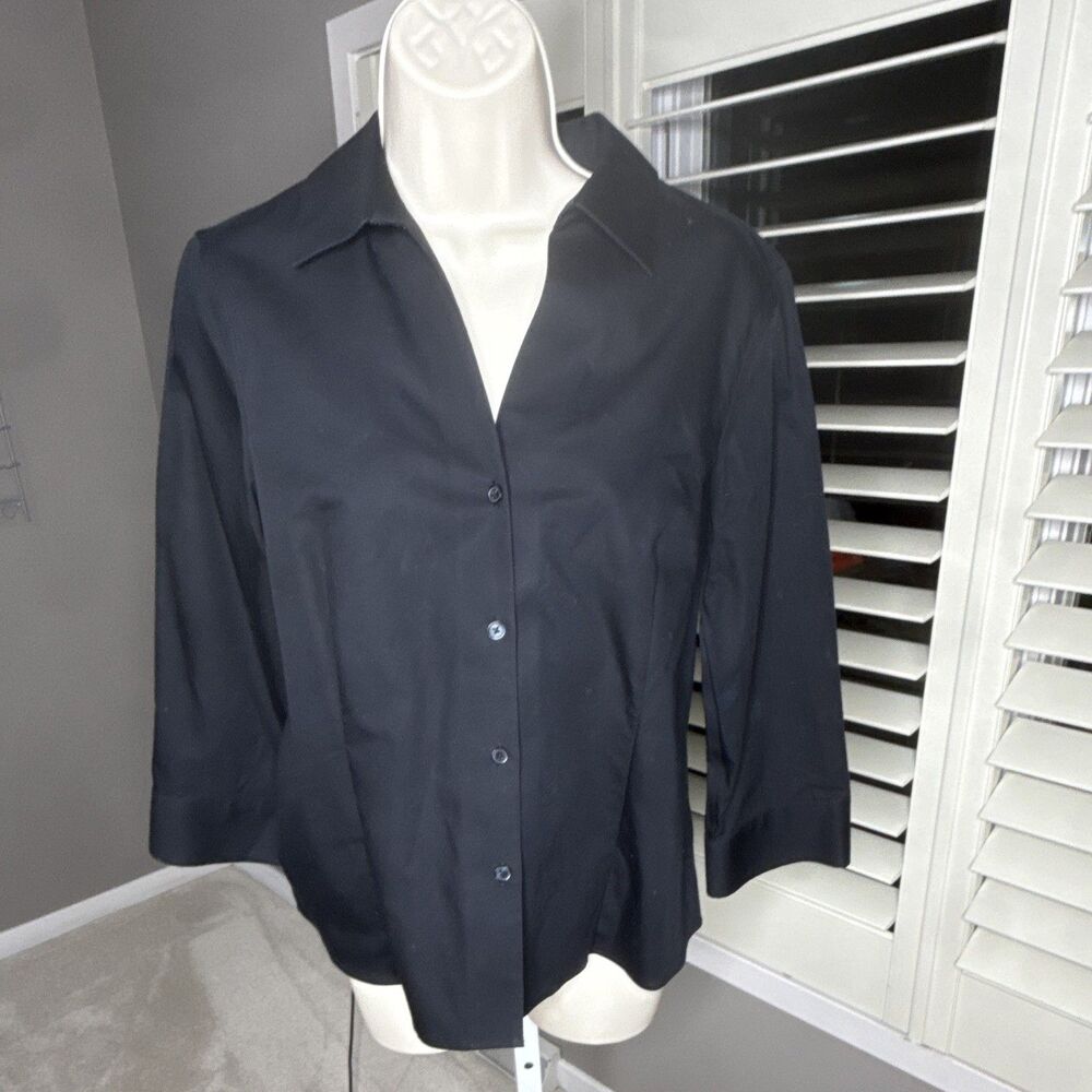 Jones New York Signature Non-Iron Black Button-Down Shirt Women M 3/4 Sleeve